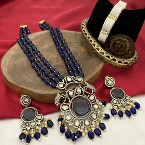 Sapphire Blue Victorian Necklace, Kundan Long Necklace, Diamond Necklace, Statem